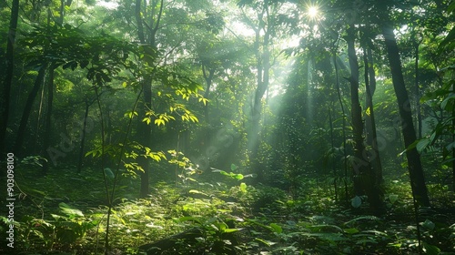 Dense forest with sunlight filtering through the trees  tranquil atmosphere