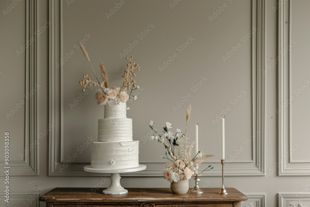 White Wedding Cake Decorated With Flowers, Minimalist Cake Decor, Gray Background, Marriage Celebration, Confectionery Advertise White Wedding Cake Decorated With Flowers, Minimalist Cake Decor, Gray Background, Marriage Celebration, Confectionery Advertise