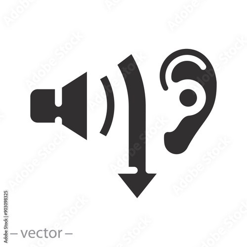 speaker and ear icon, low noise level, flat vector illustration
