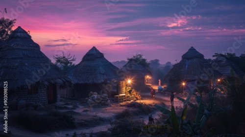 Serene village at dusk with warm lights under a colorful sky. Calm evening in a tranquil rural setting with traditional huts and nature.