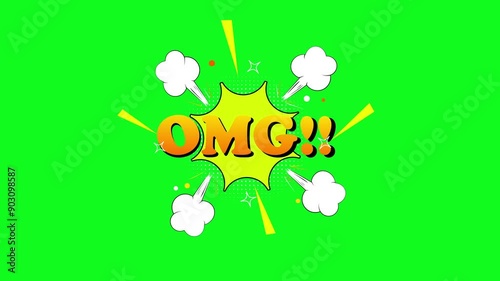 OMG - pop art in comic style animation text video 4K. Comic text blust animation on Green screen background.Vintage colorful, cartoon bubble explosions. photo