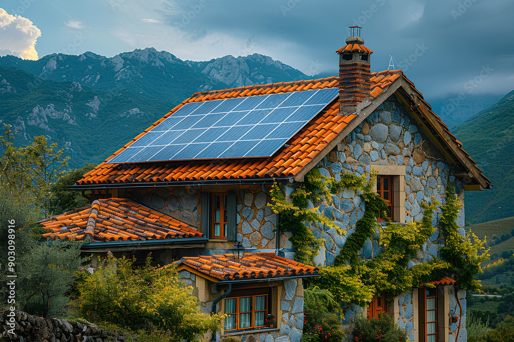 Naklejka premium Photovoltaic Solar Panels on the Roof of a House: Harnessing Clean Energy for Sustainable Living and Eco-Friendly Home Power Solutions. Generative AI.