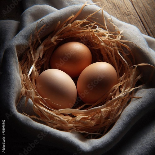 chicken eggs in a nest, basket