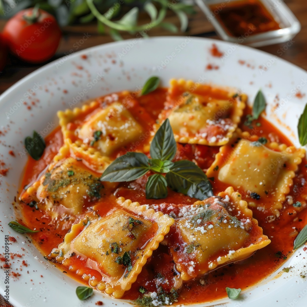 Close-up of a delicious plate of ravioli in rich tomato sauce. Italian cuisine style showcasing homemade pasta dish garnished with fresh basil and herbs. Perfect for food blogs and recipe websites. AI Close-up of a delicious plate of ravioli in rich tomato sauce. Italian cuisine style showcasing homemade pasta dish garnished with fresh basil and herbs. Perfect for food blogs and recipe websites. AI