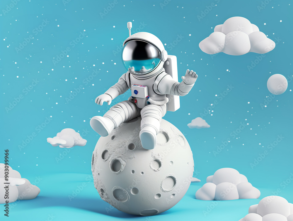 3d astronaut in white space suit and helmet sits on a cute little moon isolated on blue background 3d astronaut in white space suit and helmet sits on a cute little moon isolated on blue background