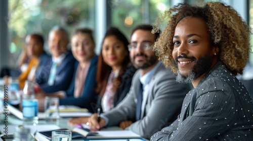 Diverse Business Team: A diverse group of professionals sit together in a meeting room, exuding confidence and readiness to collaborate. 