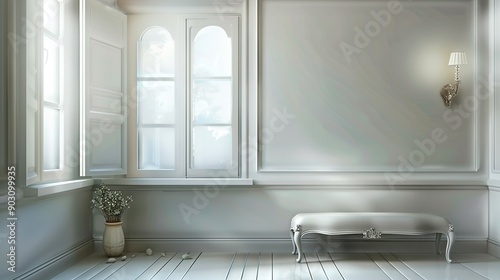   A white room with a bench and potted plant in the corners