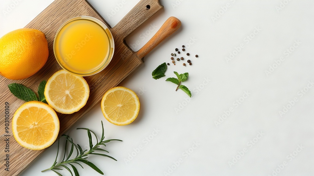 A wooden cutting board with lemon slices and an orange glass beside a knife and a rosemary sprig A wooden cutting board with lemon slices and an orange glass beside a knife and a rosemary sprig