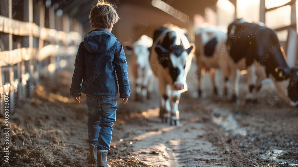Obraz premium copy space, stockphoto, professional photo for a magazine, young boy walking in a stable with cows, national farmer day. Agricultural activity, agriculture industry.