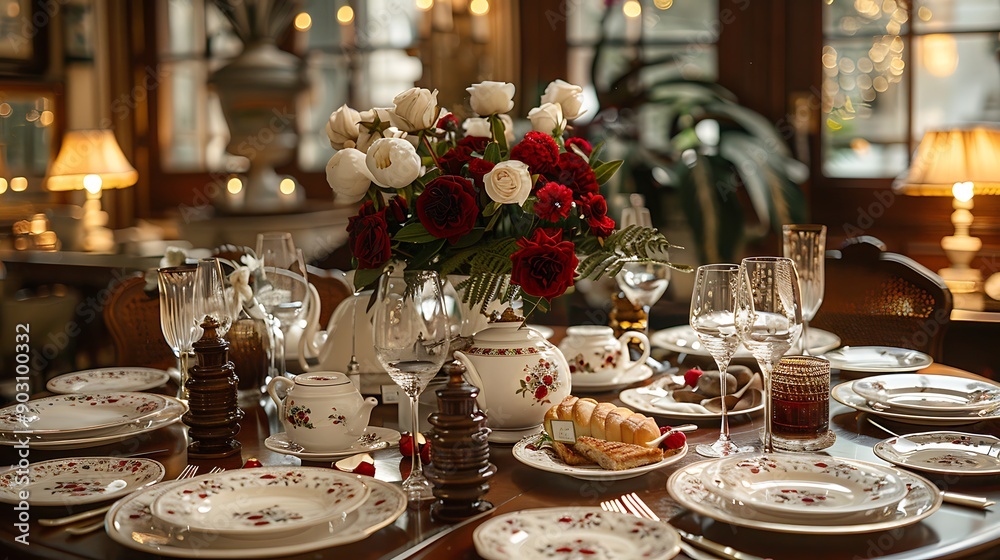 A luxurious boutique hotel dining area, featuring a beautifully set table with fine china, gourmet breakfast, and personalized touches such as a handwritten welcome note, all under soft ambient lighti A luxurious boutique hotel dining area, featuring a beautifully set table with fine china, gourmet breakfast, and personalized touches such as a handwritten welcome note, all under soft ambient lighti