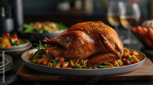 A succulent, juicy roast turkey with a crispy, golden skin served with a side of savory, herb-infused stuffing and a medley of seasonal, farm-to-table vegetables