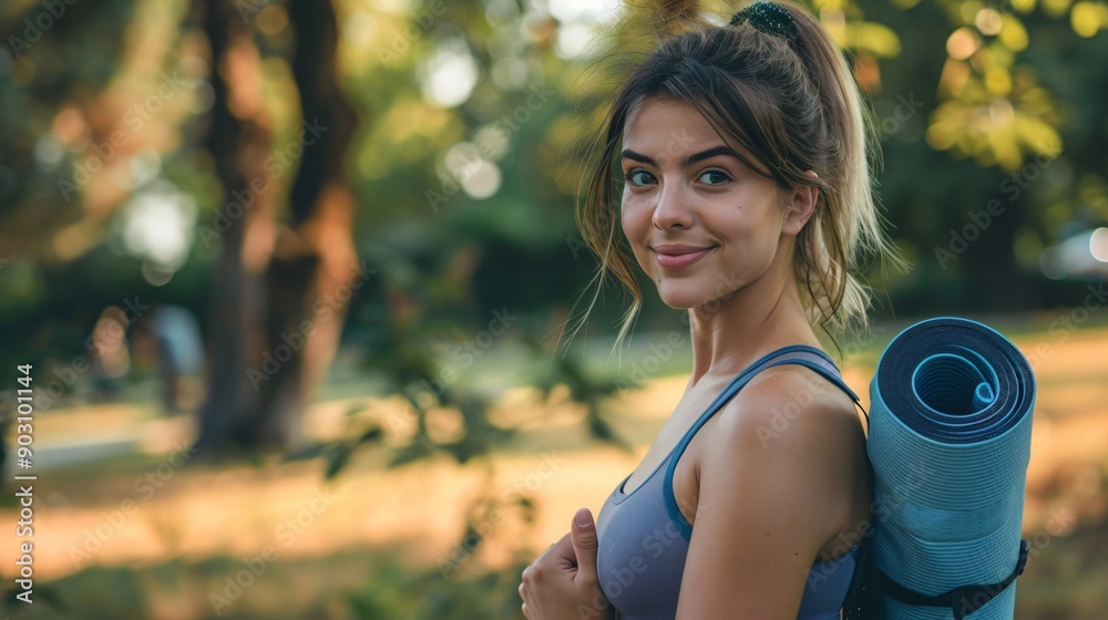 Enthusiastic young woman holding a yoga mat, with a serene park background. Fitness journey concept Enthusiastic young woman holding a yoga mat, with a serene park background. Fitness journey concept