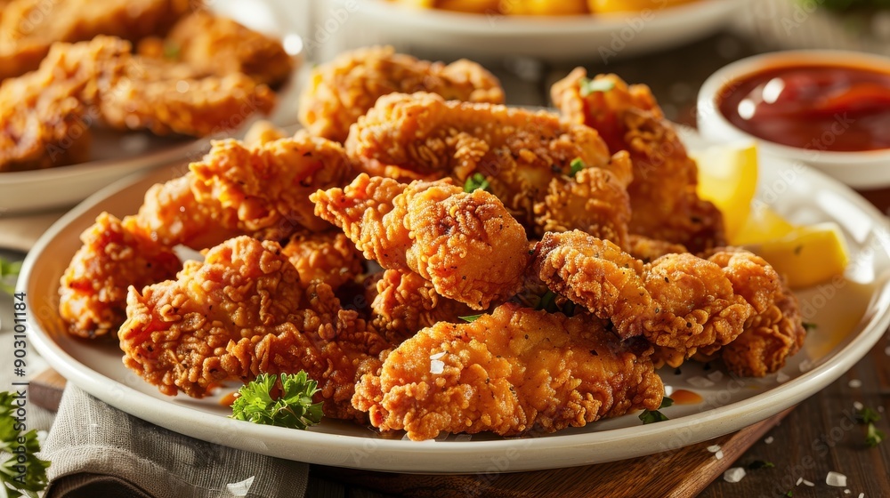 A plate of crispy, golden chicken tenders served with a side of tangy, zesty dipping sauce, perfect as a delicious appetizer or main dish A plate of crispy, golden chicken tenders served with a side of tangy, zesty dipping sauce, perfect as a delicious appetizer or main dish