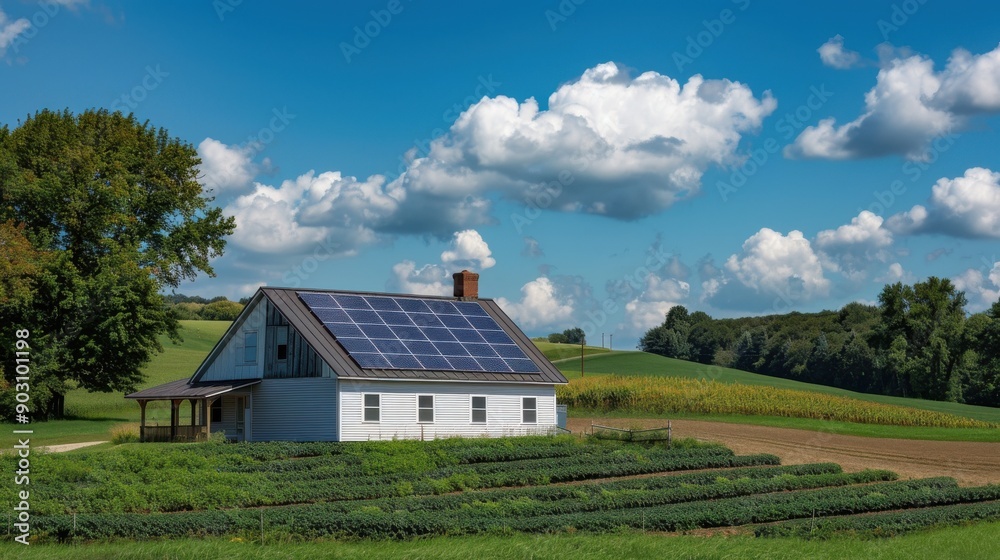 A solar installation on a rural farmhouse, providing energy independence and reducing reliance on traditional power sources, set against a backdrop of rolling fields and blue skies A solar installation on a rural farmhouse, providing energy independence and reducing reliance on traditional power sources, set against a backdrop of rolling fields and blue skies