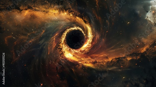 A cosmic wonder captured in an image of a black hole surrounded by swirling gas and dust, with intense gravitational forces warping the light, and the dark void of space beyond