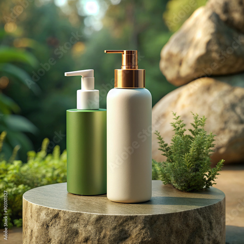 cosmetic bottles Mockup  on stone podium,natural sceane photo