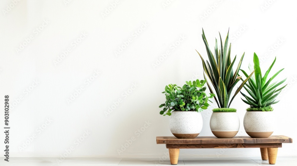 Three potted plants on a wooden shelf against a white wall