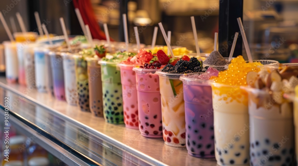 A variety of bubble tea flavors and toppings displayed on a counter, including classic milk tea and fruity options. A variety of bubble tea flavors and toppings displayed on a counter, including classic milk tea and fruity options.