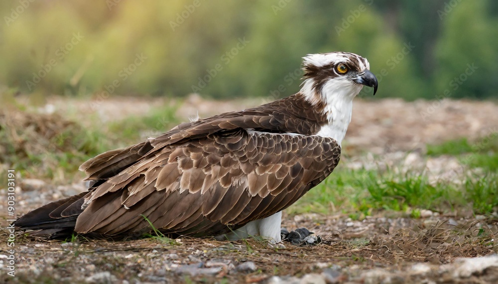 Side view of predatory ospreys sitting on ground in wild nature in daylight Side view of predatory ospreys sitting on ground in wild nature in daylight