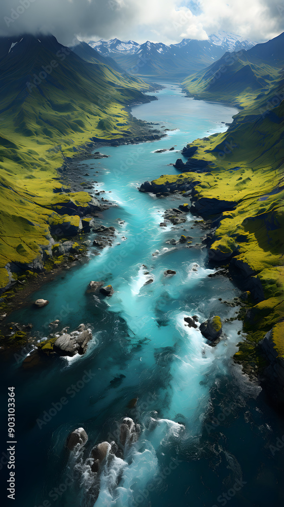 Aerial view of a turquoise river winding through a green valley with rocky cliffs and snow-capped mountains in the distance. Aerial view of a turquoise river winding through a green valley with rocky cliffs and snow-capped mountains in the distance.