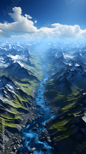 Aerial view of a mountain range with a winding river flowing through a valley. The sky is blue with white clouds.