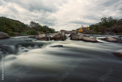 Dramatic nature landscape, scenic rocky canyon of Southern Bug river with biz...