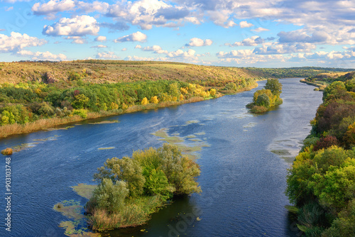Amazing autumn landscape, scenic view of the picturesque Southern Bug river, ...
