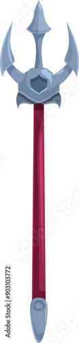 Medieval pole weapon, a silver trident with three sharp blades, is standing upright, its handle a rich maroon