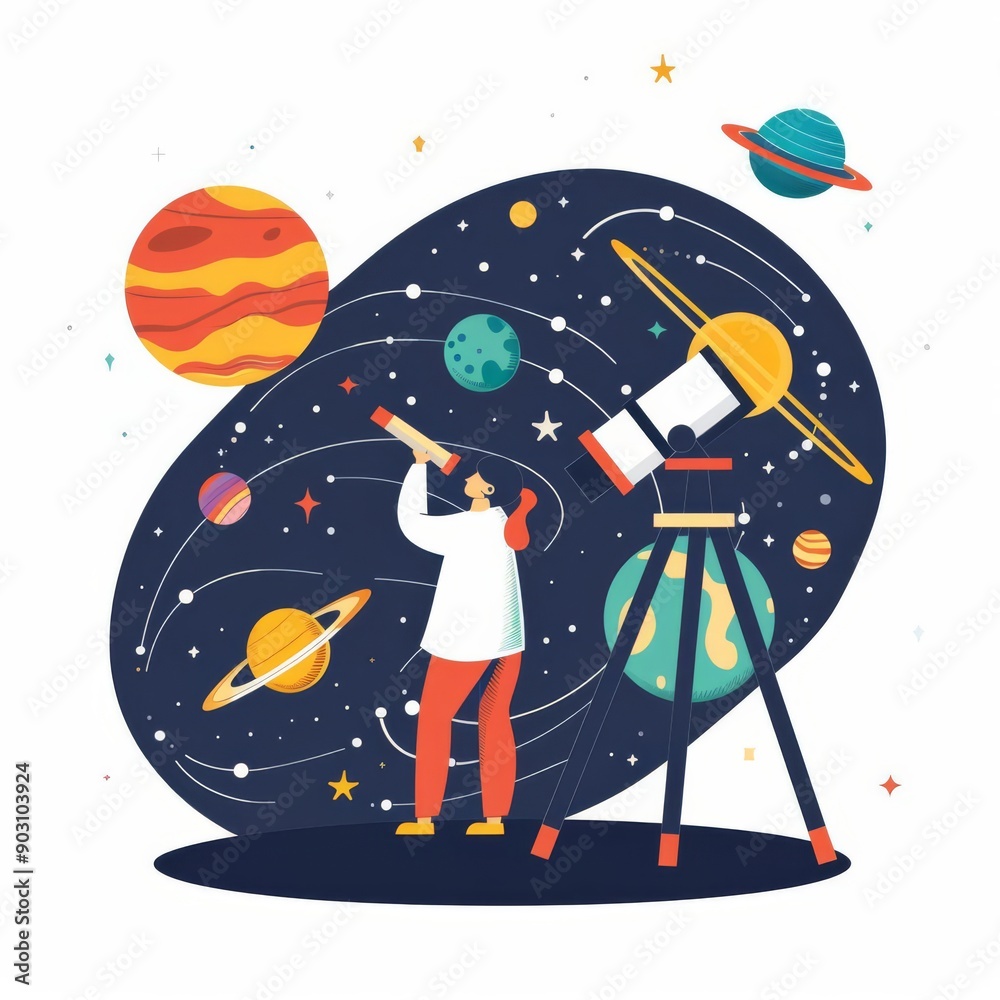 Fototapeta premium Astronomer with telescope, educational space elements, flat design illustration, scientific, isolated on white background