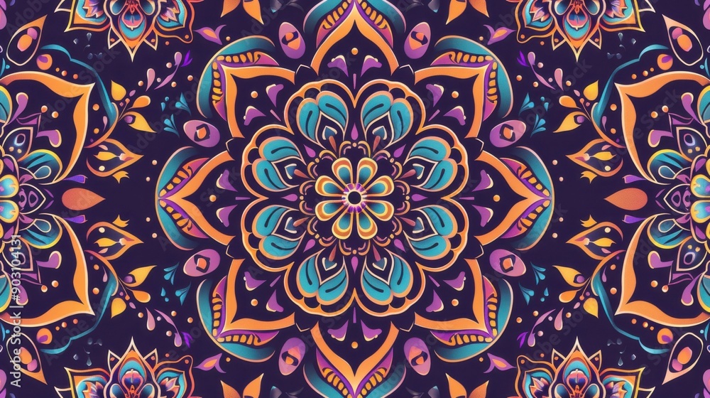 A pattern background showcasing a seamless design of intricate mandalas in vibrant colors, creating a visually captivating and harmonious repeat that is perfect for decorative purposes A pattern background showcasing a seamless design of intricate mandalas in vibrant colors, creating a visually captivating and harmonious repeat that is perfect for decorative purposes