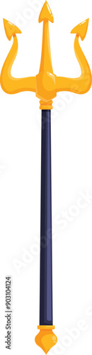 Golden trident with three sharp points is standing upright on a white background, perfect for projects related to mythology, fantasy, or power