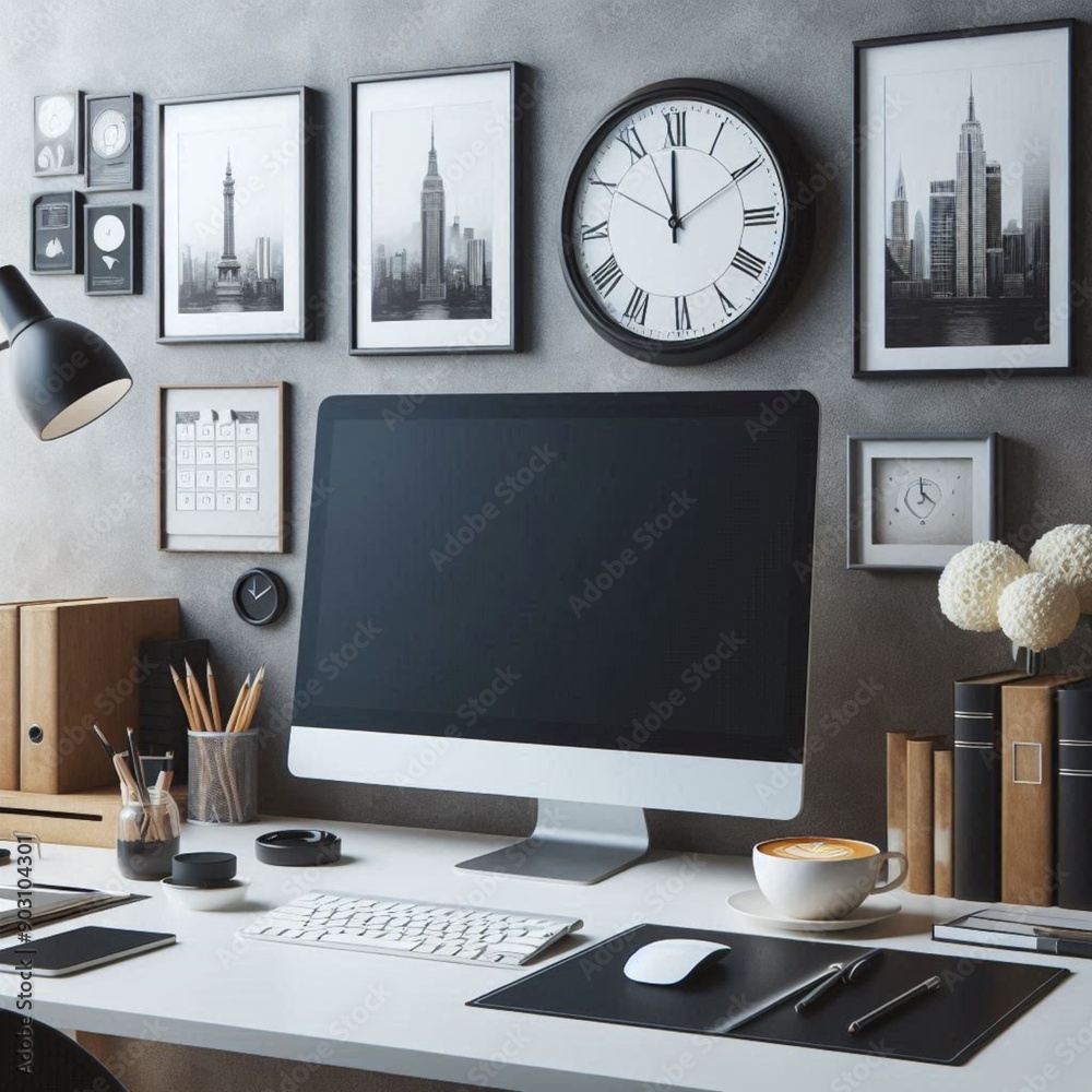 Crie um escritório com uma mesa, com um computador, lápis, café, mouse, caderno, relógio, otima iluminação, e administradores