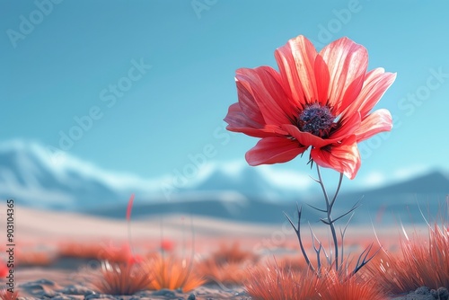 Single Red Flower in Desert Landscape