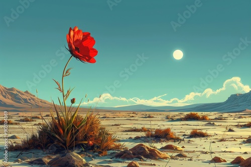 Lone Red Flower Standing Tall in the Arid Desert Under the Sun