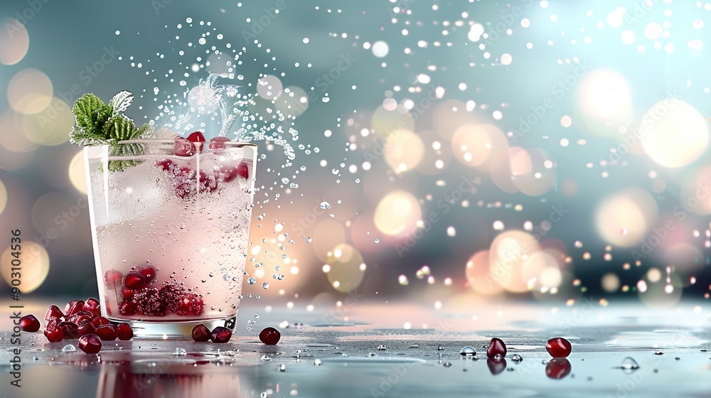    a drink in a glass filled with ice and cranberries against a blurred background
