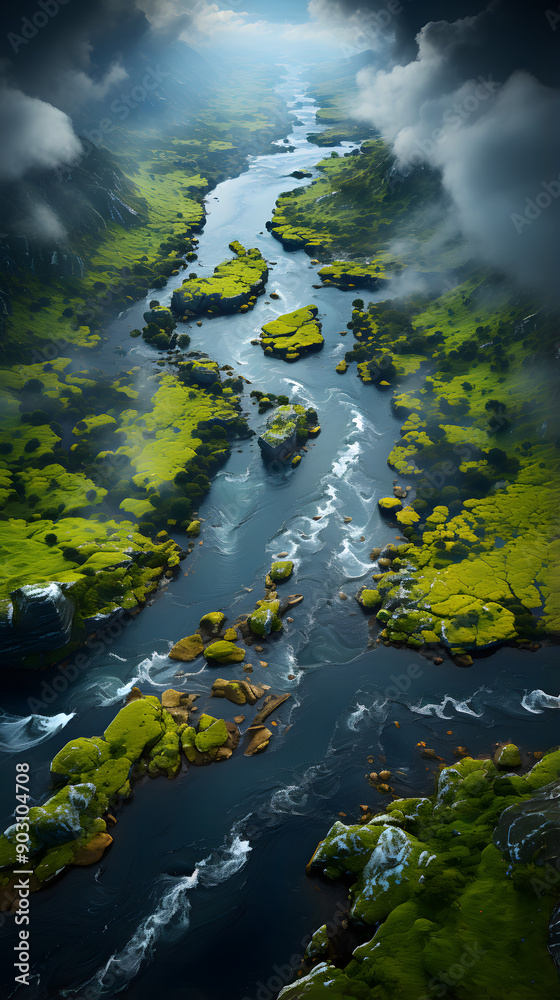 Fototapeta premium Aerial view of a winding river flowing through a lush green valley, with dramatic clouds above.