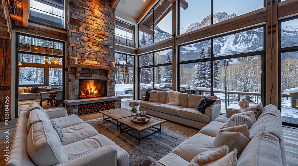 A serene high-end mountain lodge, highlighting a comfortable seating area with plush furnishings, a roaring fireplace, and large windows showcasing breathtaking views of the surrounding mountains, cap A serene high-end mountain lodge, highlighting a comfortable seating area with plush furnishings, a roaring fireplace, and large windows showcasing breathtaking views of the surrounding mountains, cap