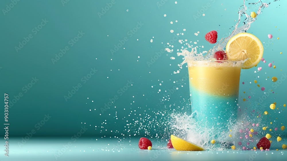 Blue and yellow drink with lemon and raspberry slices spilling from the ...