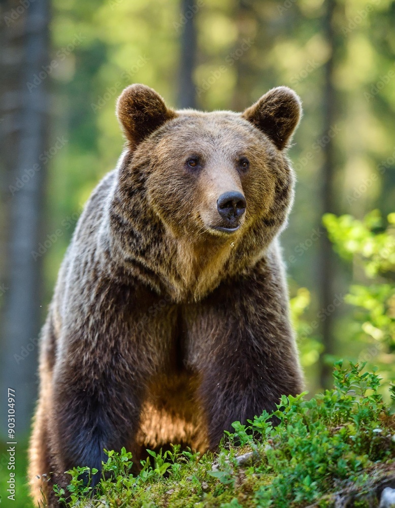 Wild Brown Bear (Ursus Arctos) in the summer forest. Animal in natural habitat. Wildlife scene Wild Brown Bear (Ursus Arctos) in the summer forest. Animal in natural habitat. Wildlife scene