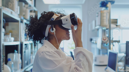 Scientist wearing a VR headset and interacting with virtual reality in the science lab
