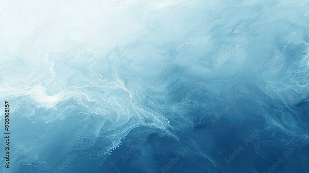 Fototapeta premium A tranquil blue background with a gradient from deep navy at the top to a lighter sky blue at the bottom, accented with soft, swirling clouds and a gentle ripple effect, evoking the calmness and