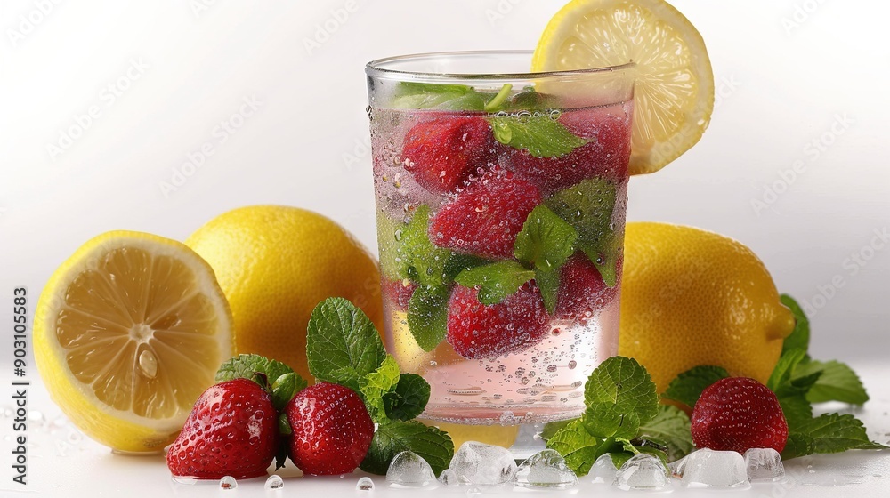 A refreshing drink of water with juicy raspberries, tangy lemons, and fresh mint leaves served on a pristine white surface over ice A refreshing drink of water with juicy raspberries, tangy lemons, and fresh mint leaves served on a pristine white surface over ice