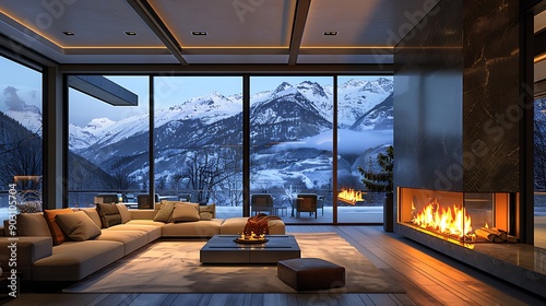 A serene luxury ski chalet interior, highlighting a roaring fireplace, elegant decor, and large windows showcasing stunning views of the snow-capped mountains, with warm lighting enhancing the cozy an