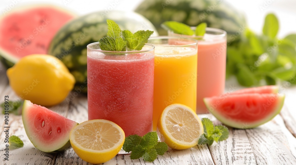 Three glasses of watermelon, lemon, and watermelon juice on a table with watermelon slices and mint Three glasses of watermelon, lemon, and watermelon juice on a table with watermelon slices and mint