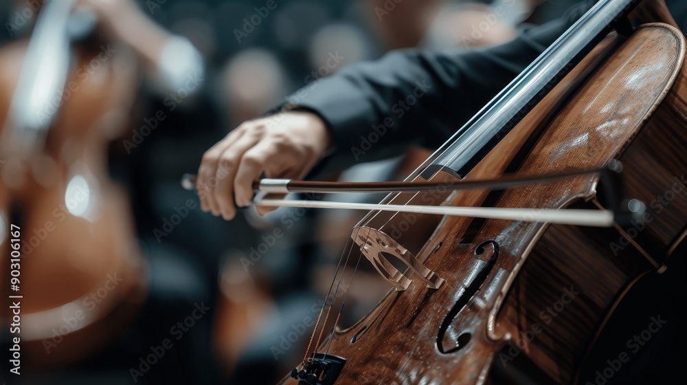 A cellist's hand is seen playing the cello with intense concentration in this image, capturing the elegance and passion of a live performance in a formal concert setting. A cellist's hand is seen playing the cello with intense concentration in this image, capturing the elegance and passion of a live performance in a formal concert setting.