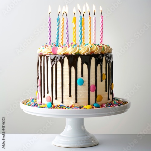 Medium shot of balloons near the Birthday cake with candles, isolated on a white background 