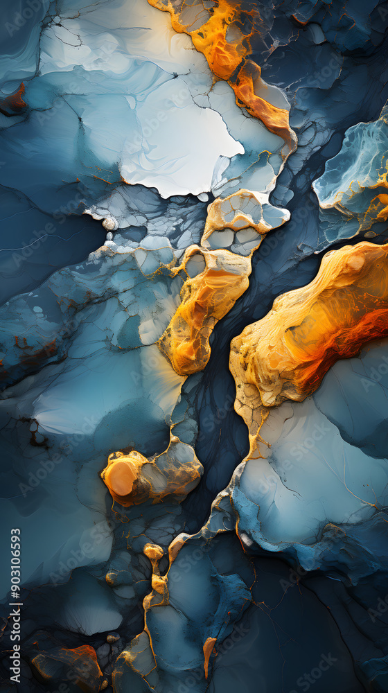 Fototapeta premium Abstract art with blue and gold colors, resembling a marbled or textured surface.
