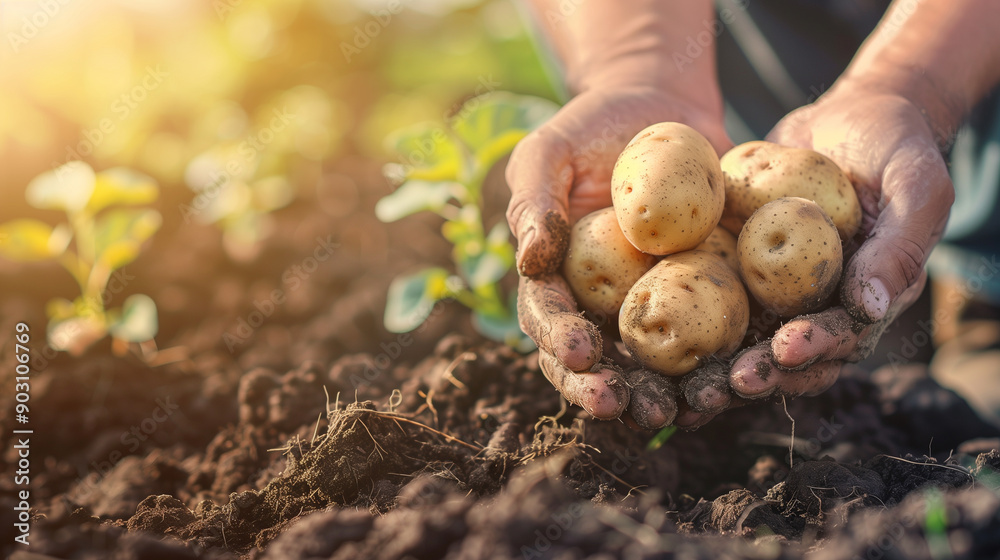 copy space, stockphoto, farmers hands hold a bunch of potatoes from the ground, national potato day, national farmer day. Poster for agriculture, agricultural activity. Fresh potatoes, local economy, copy space, stockphoto, farmers hands hold a bunch of potatoes from the ground, national potato day, national farmer day. Poster for agriculture, agricultural activity. Fresh potatoes, local economy,