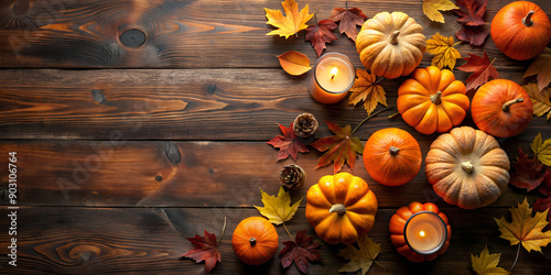 Pumpkins and Candles Top View on the Rustic Wooden photo