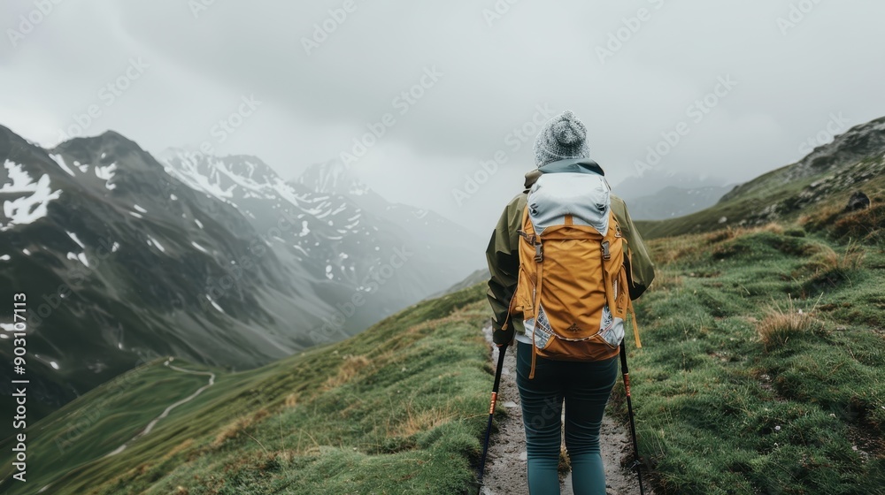 A determined hiker with a yellow backpack and trekking poles treks through a misty mountain path, surrounded by green fields and snow-capped peaks, exuding adventure. A determined hiker with a yellow backpack and trekking poles treks through a misty mountain path, surrounded by green fields and snow-capped peaks, exuding adventure.
